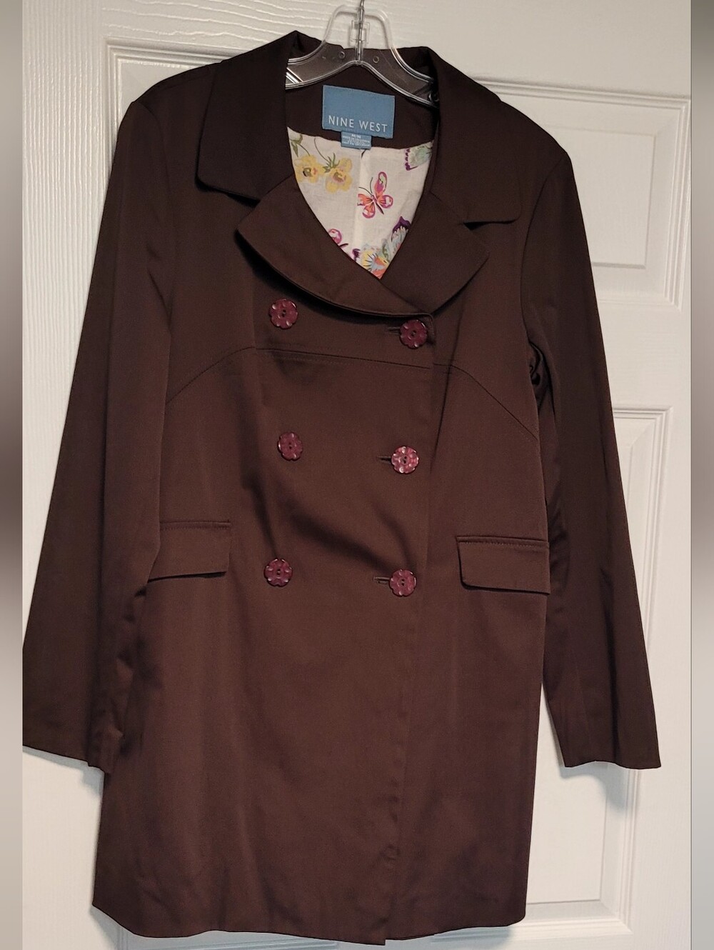Nine West Brown Double-Breasted Pea Coat with Decorative Buttons
